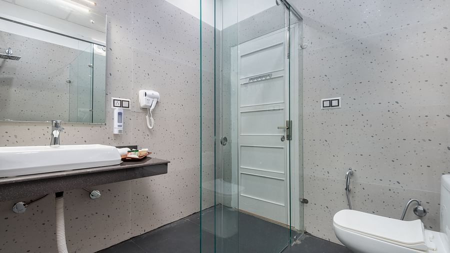 Modern bathroom featuring a glass-enclosed shower, wall-mounted sink with mirror and hairdryer, a white toilet with handheld bidet, and minimalist grey-toned walls and flooring for a sleek, contemporary look - DLS Nature Trinket Resort, Dalhousie.