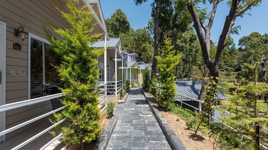 Stone-paved walkway flanked by modern cottage-style buildings and lush greenery, set in a tranquil wooded area with tall trees and clear blue skies - DLS Nature Trinket Resort, Dalhousie.