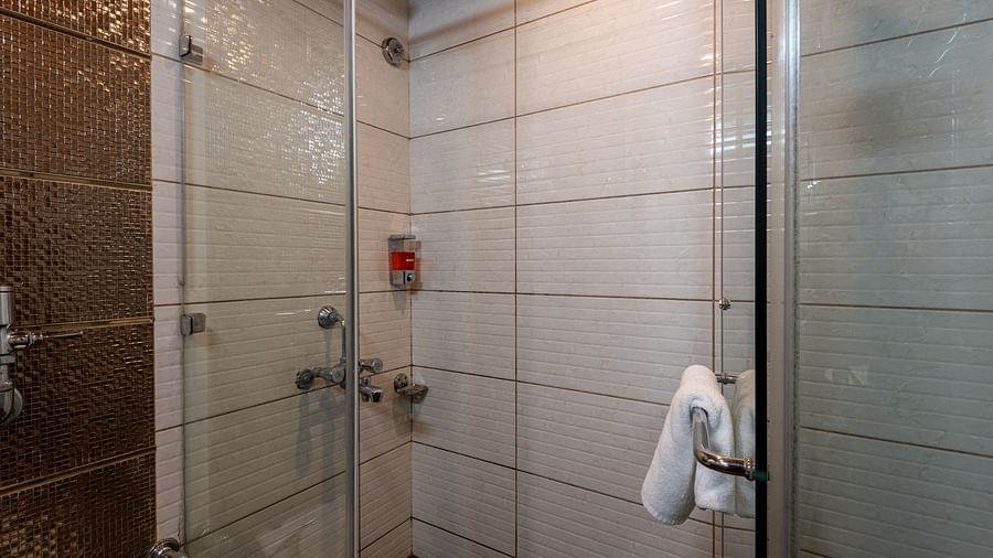 Bathroom of Deluxe Non view room at DLS Spring Valley resort  Dharamshala featuring shower area with towel