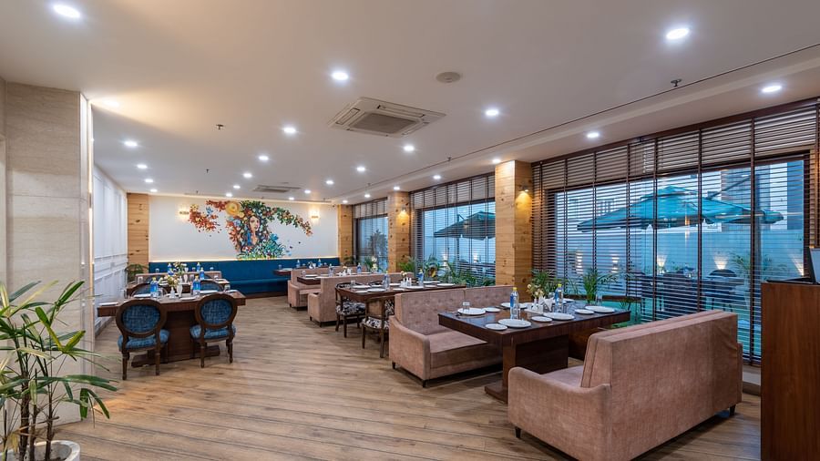 Restaurant seating area with overhead lights illuminating the space at DLS The Classio