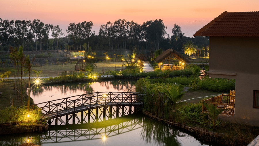 Hotel Sonar Bangla, Sundarban grounds at sunset with a bridge over the lily pond, lit pathway lights, palm trees, and a thatched gazebo in the distance.