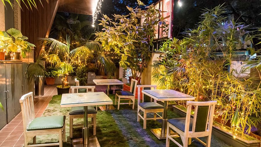 Cosy outdoor dining with wooden tables, chairs, and lush plants illuminated by warm lighting.