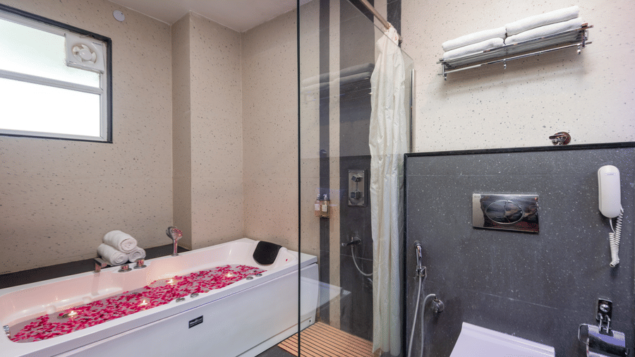 Bathroom with glass shower and bathtub at DLS Hotels On The Ganges.