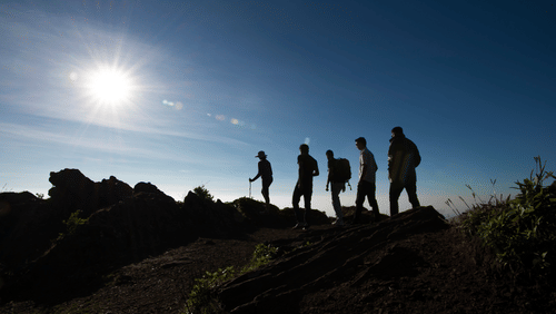 Silhouette of a group of people trekking