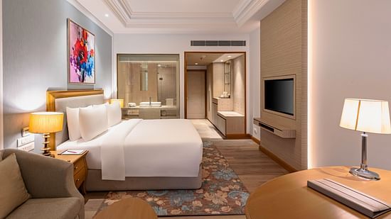 a double bed, side table with a lamp on it, a work desk with a lamp, and a television inside one of the rooms at Park Plaza, Jalandhar