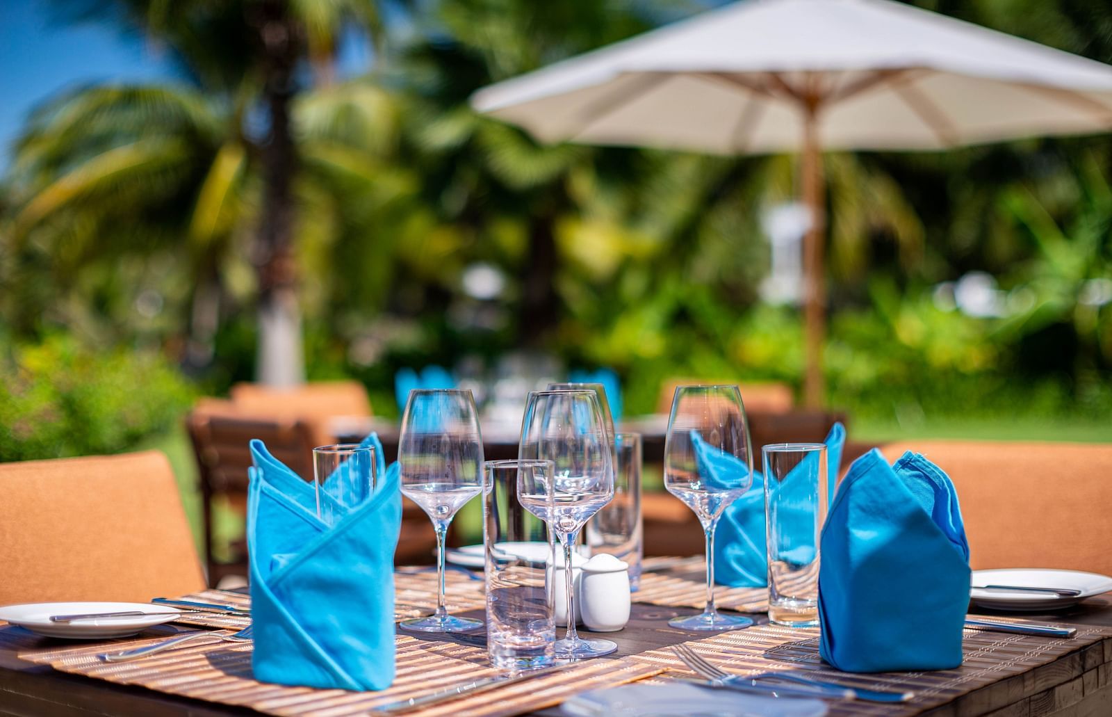 Close-up of an outdoor dining table with blue napkins, glasses and a white umbrella, with blurred palm trees in the background - Alibu Resorts Nha Trang