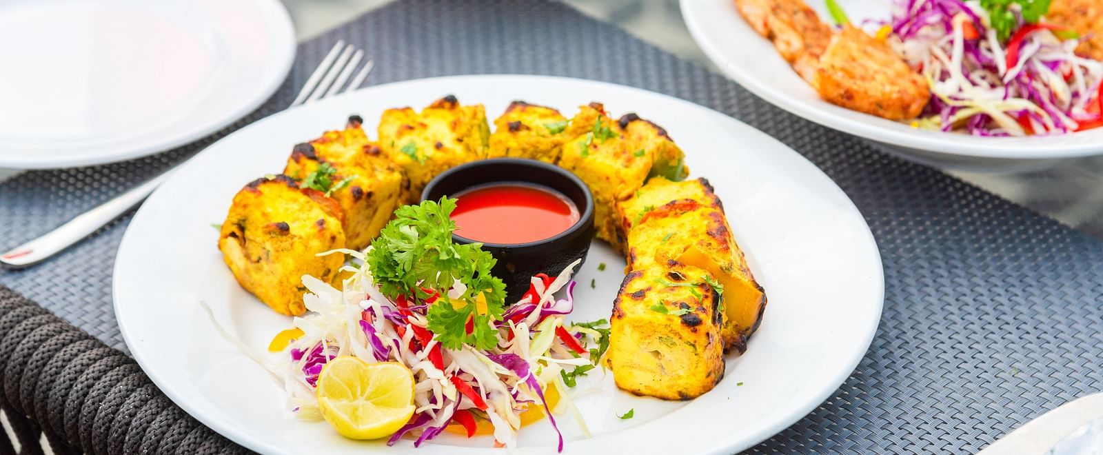 Paneer Tikka plated and kept on the table of a restaurant at DLS Divine River Resort and Spa 