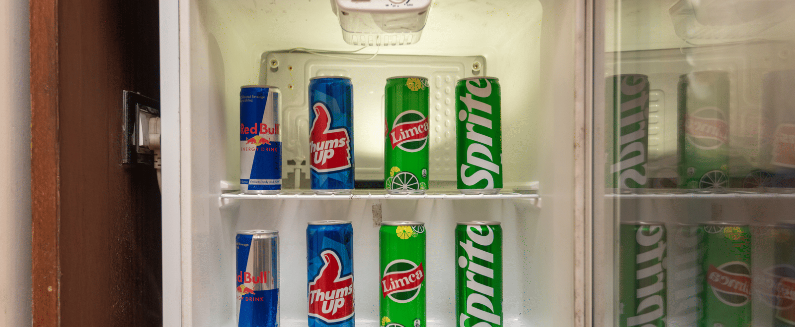 Mini fridge stocked with cold drinks at DLS Hotels On The Ganges.