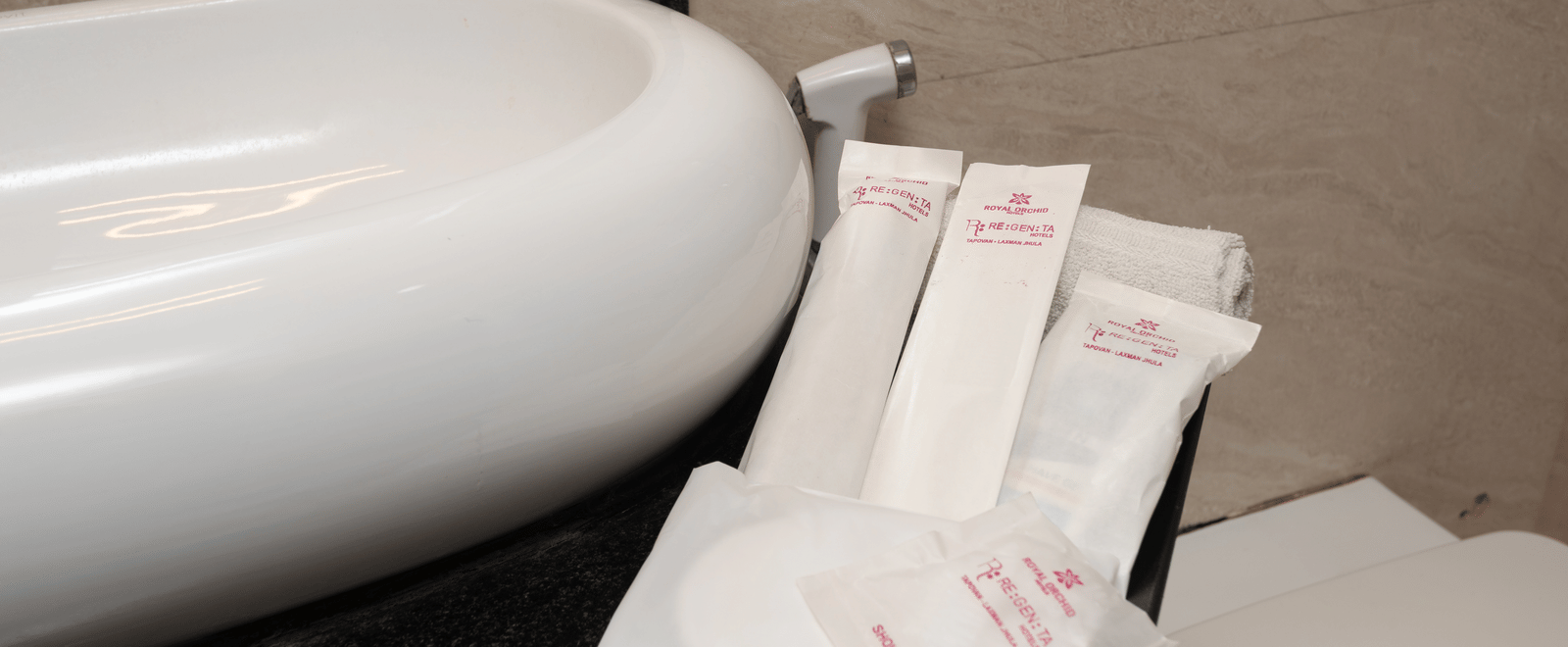 Complimentary toiletries in bathroom at DLS Hotels On The Ganges.