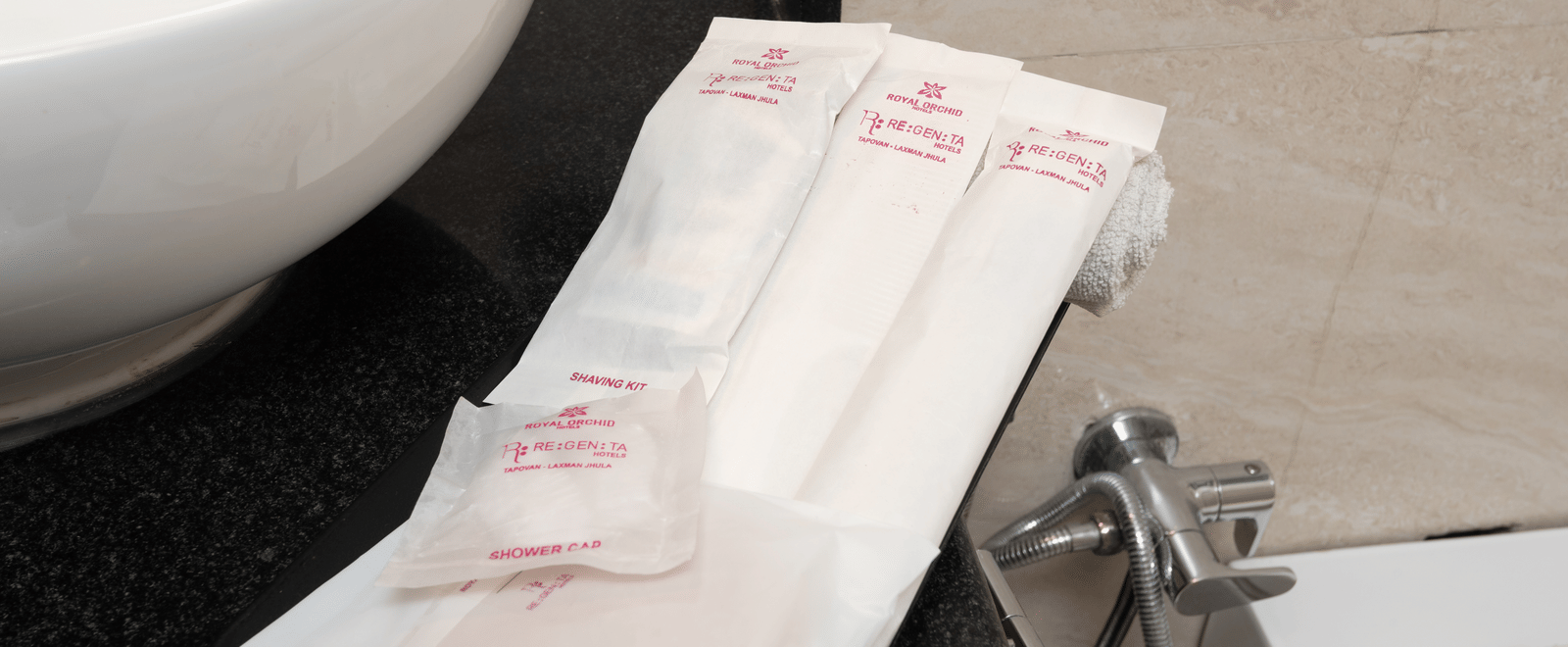 Complimentary toiletries in bathroom at DLS Hotels On The Ganges.