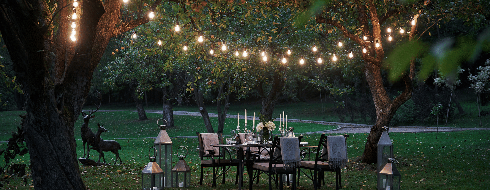 photo of a lawn area prepared desk waiting for food and visitors. evening time @ Lamrin Norwood Green, Palampur