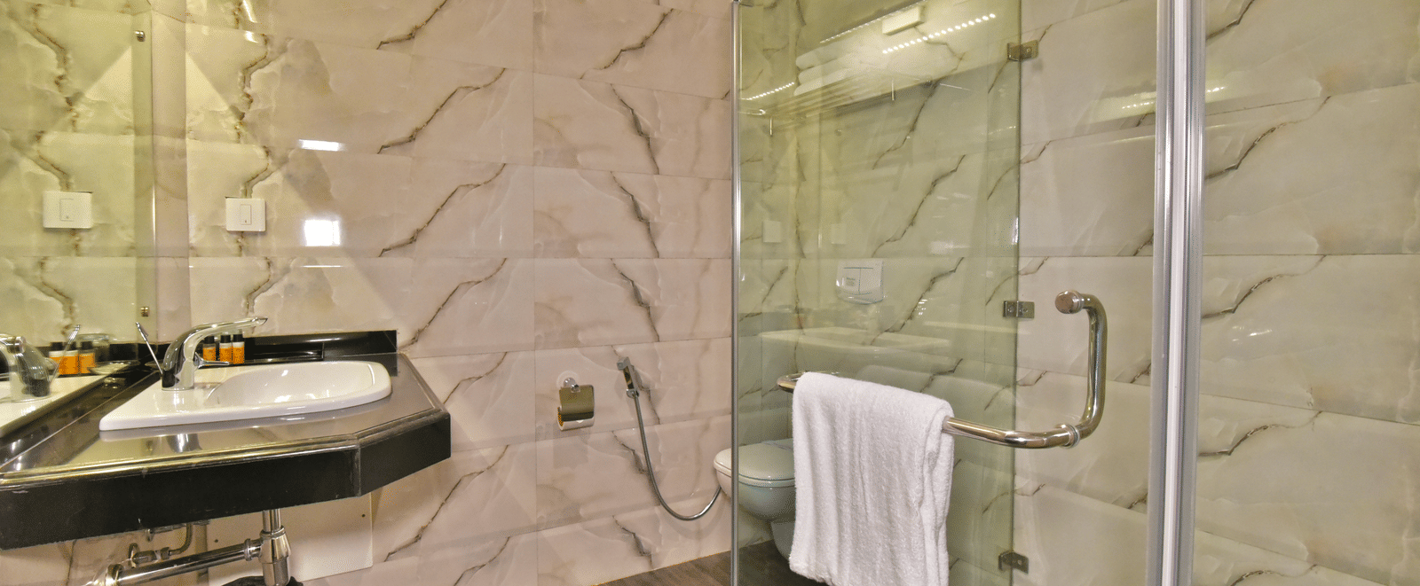 A shower cubicle with a wash basin beside it at DLS Hillcrest Resort, Shimla.