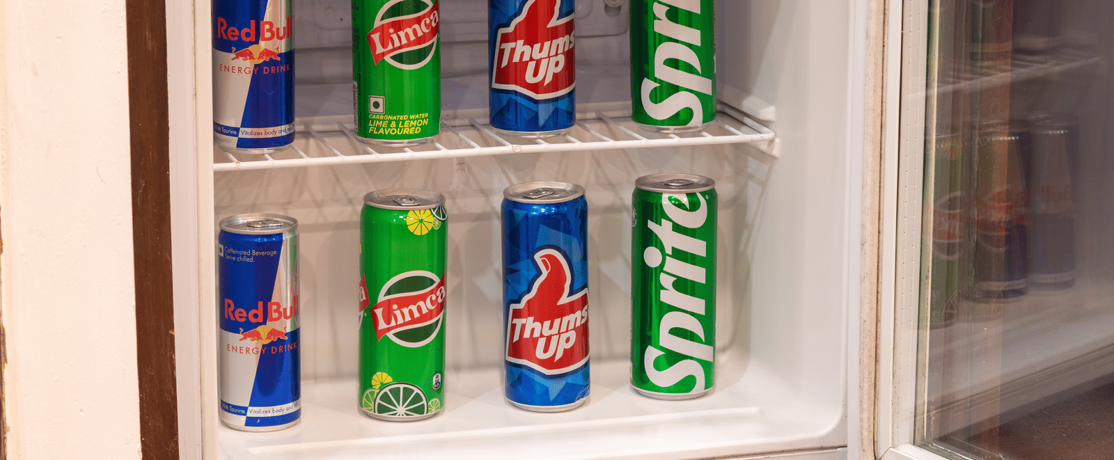 Mini fridge stocked with soft drinks at DLS Hotels On The Ganges.