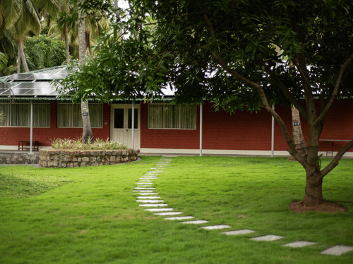 A red single-story building with a light-colored door and white trim, fronted by a lush green lawn with a curved path made of stepping stones leading to a large tree.