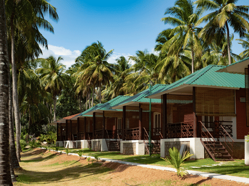 block of the Suite Rooms with coconut trees covered on the side at Ibex River Resort, Pollachi
