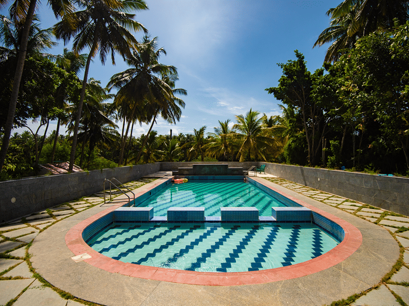 Swimming pool with crystal clear water and trees in the surrounding on a sunny day at Ibex River Resort, Pollachi