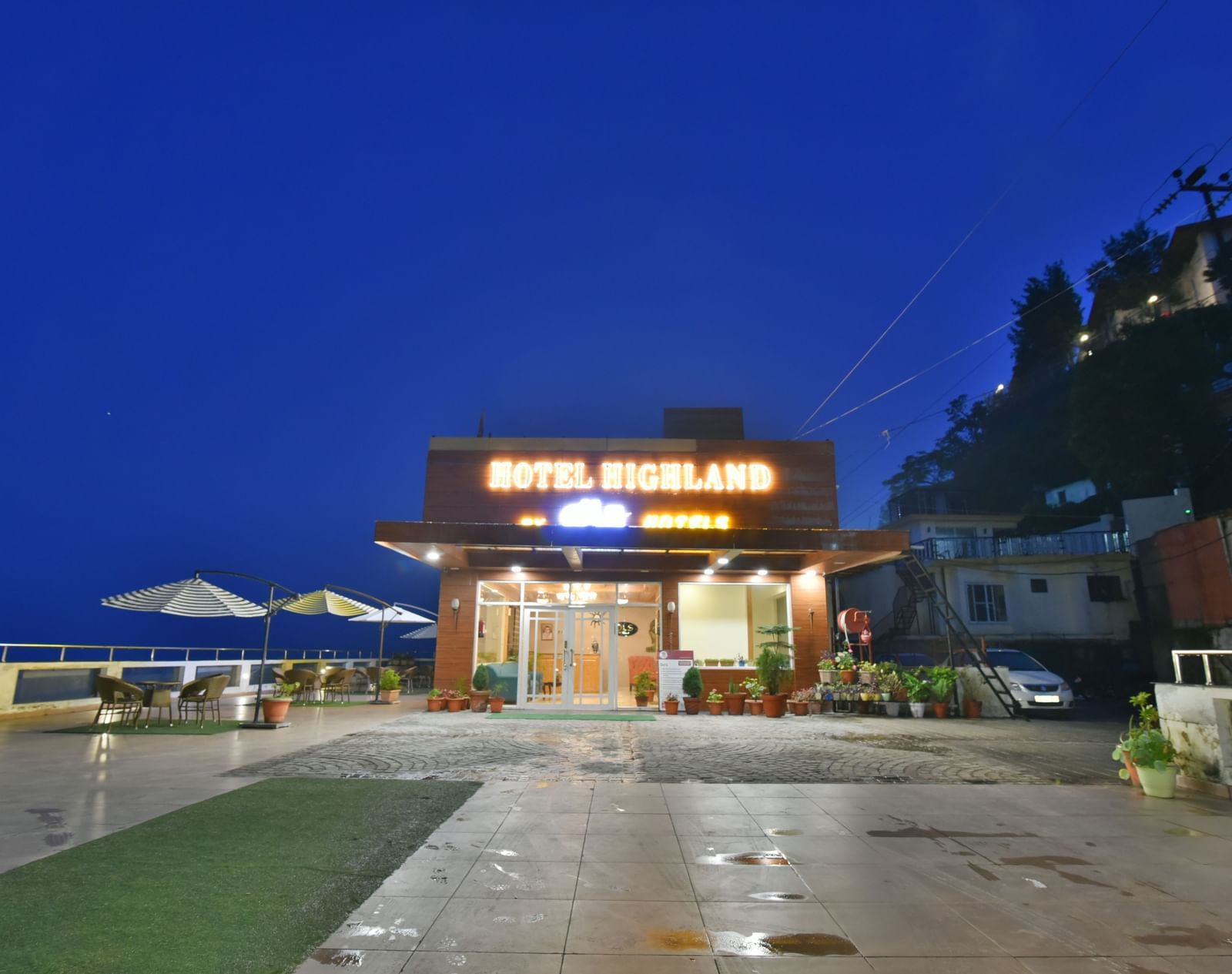 Facade view of Food and drinks placed on the table at DLS Highland Resort and Spa, Mussoorie during the evening.