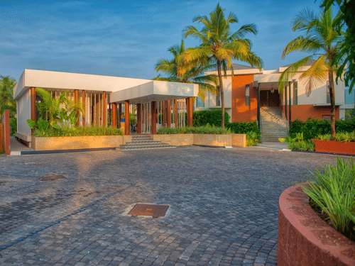 The modern arrival pavilion at Azaya Beach Resort Goa, a luxury choice among resorts in South Goa