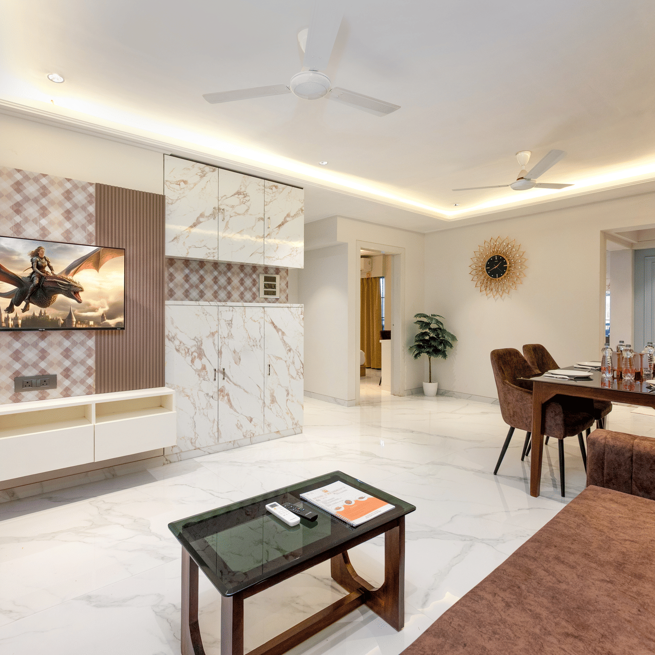 Elegant serviced apartment living room at Home2 Residency, Mumbai Airport