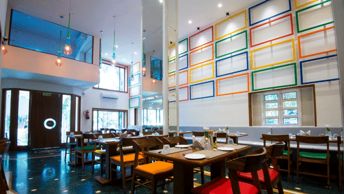 seatings arrangements inside the restaurant with plates kept on the table - VITS Sharanam, Thane