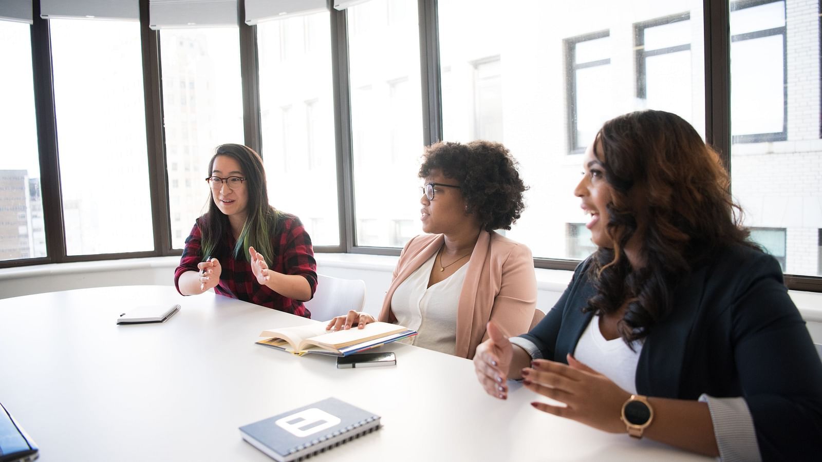 a group of Americans in a conference meeting with floor to ceiling windows