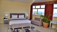 Deluxe Ocean View Room at Hotel Grand A View featuring a large bed, modern furniture, potted plant, and wide windows with city views and natural light