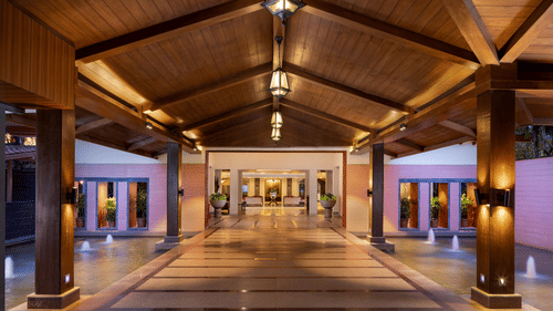 image of a brightly lit lobby at the kenilworth resort and spa, goa
