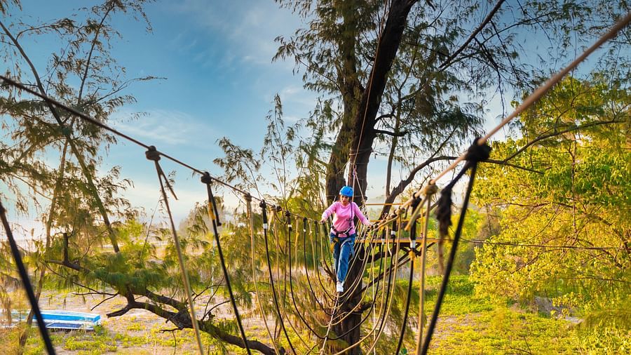 A person walking on a tightrope bridge