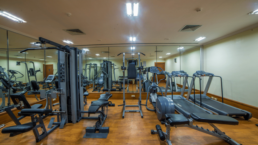many equipment inside a Gym at Raj Park Hotel in Alwarpet, Chennai