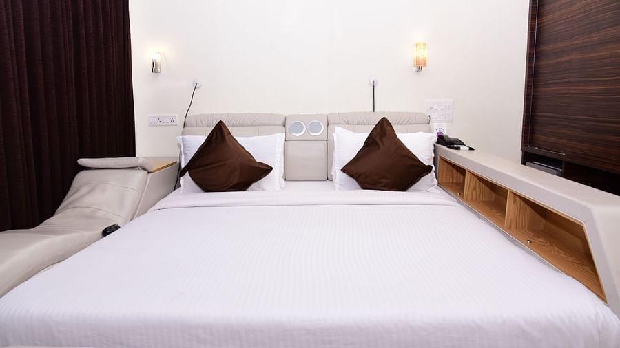 a close up view of the modern bed in one of the rooms at VITS shanti solitaire, North Goa