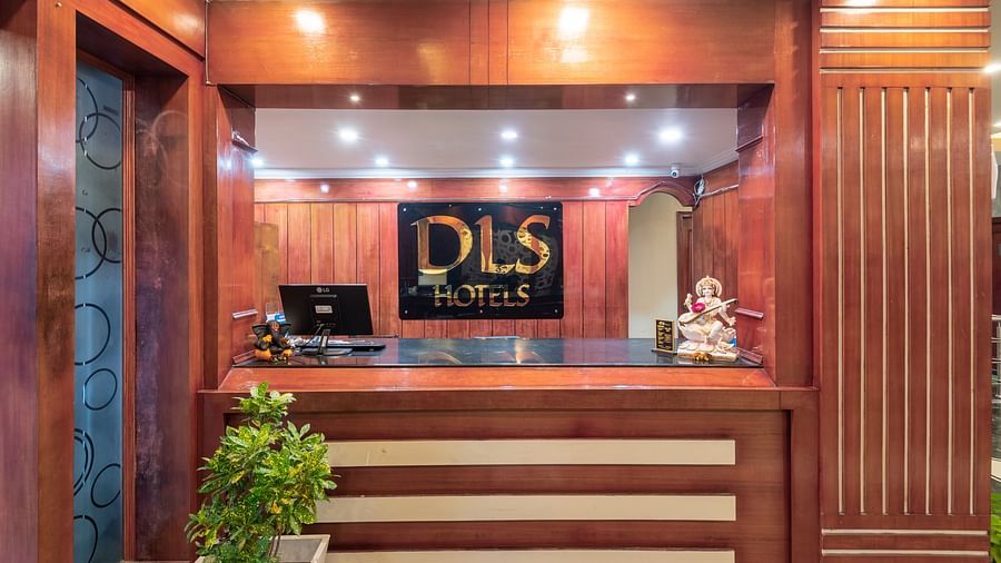 Front desk area with the DLS logo at DLS Park Grace, Haridwar.
