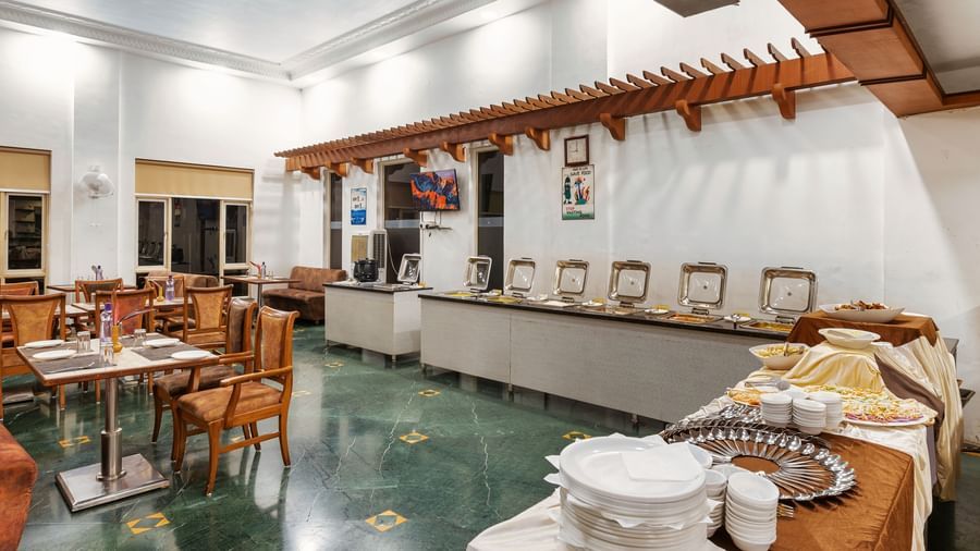 Buffet counter at The Darbar Restaurant with a simple and elegant interiors.