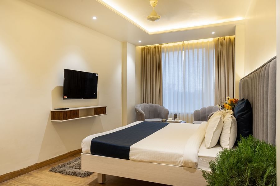 A room with a white bed, a TV, sofa chairs and a green plant - Hotel Meghdoot, Bhopal