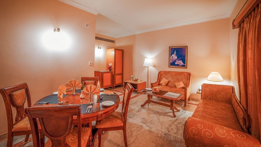 overview of the living area inside a suite room at Raj Park Hotel in Chennai