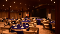 Elegant banquet hall with round tables and warm lighting setup at Silver Sand Beach Resort, Havelock