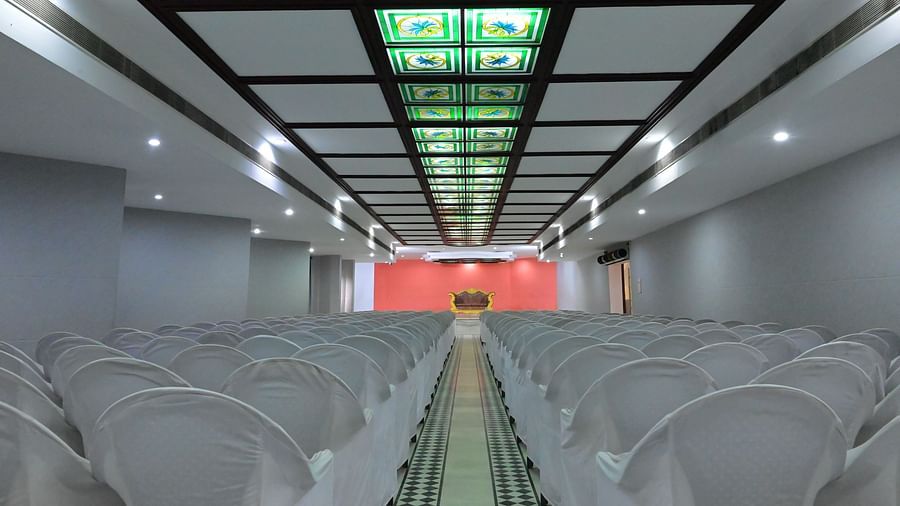 Theatre style seating arrangements inside the a banquet hall at Jayaram Hotel, Pondicherry