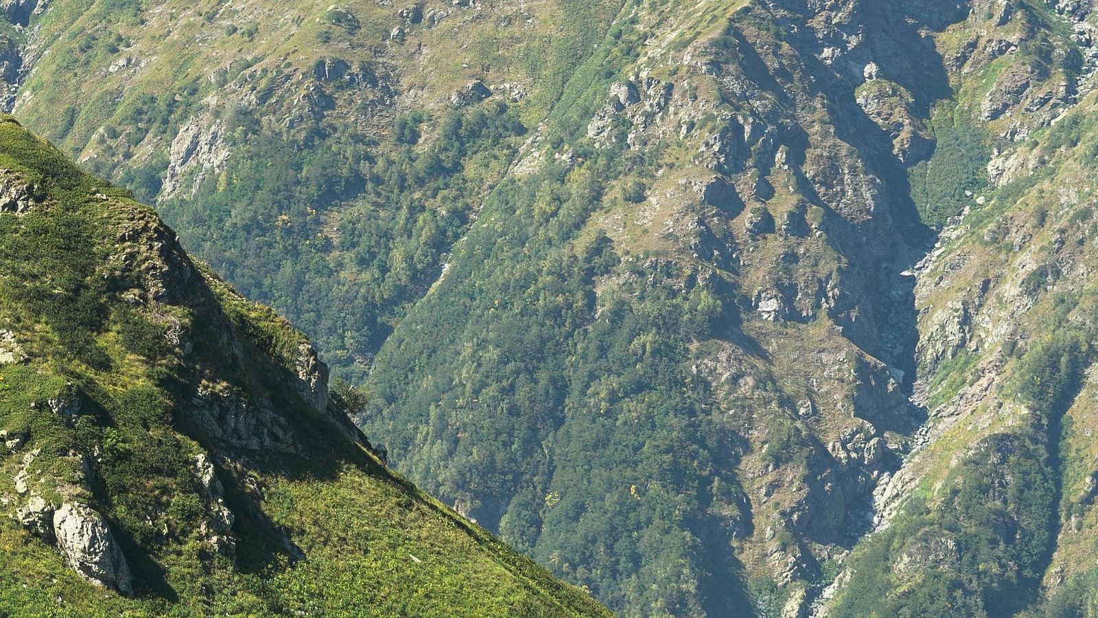  A breathtaking view of green mountains with walking trails winding through the terrain.