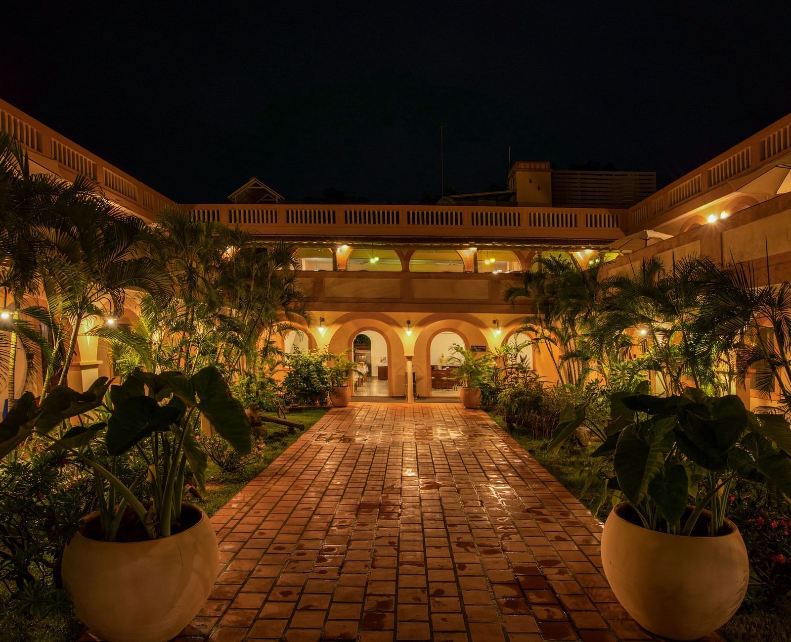 Resort corridor during night time with plants and lights.