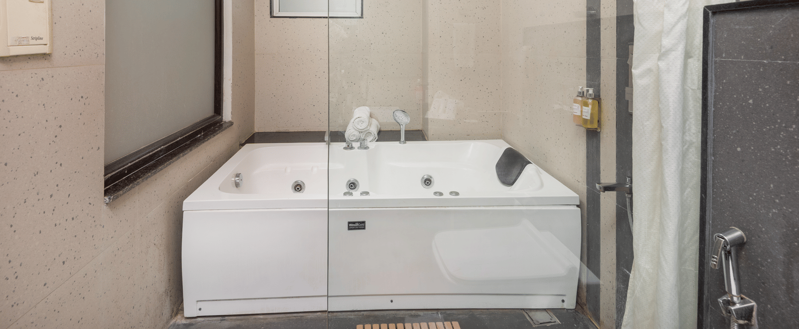 Modern bathroom with glass-partitioned bathtub at DLS Hotels On The Ganges.