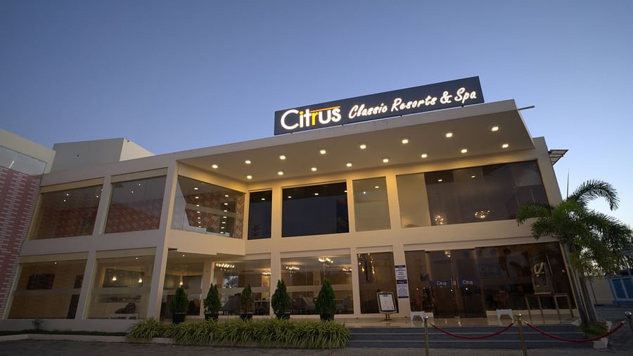 Facade of Citrus Classic Resorts and Spa Mahabalipuram ECR with the building lit up with warm lights giving a proper view of the building