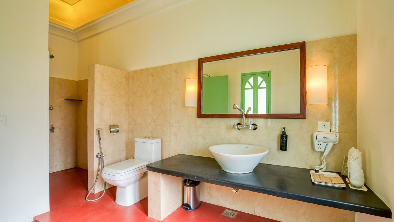 Side view of French Classic Washroom with washbasin, mirror and toilet.