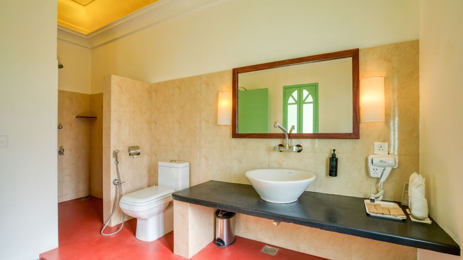 Side view of French Classic Washroom with washbasin, mirror and toilet.