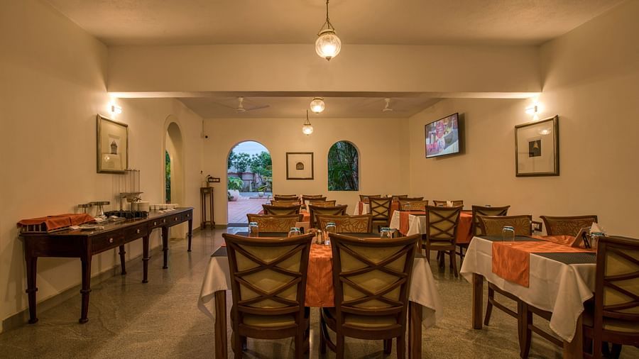 Back view of dinning space at a restaurant with chairs and tables.