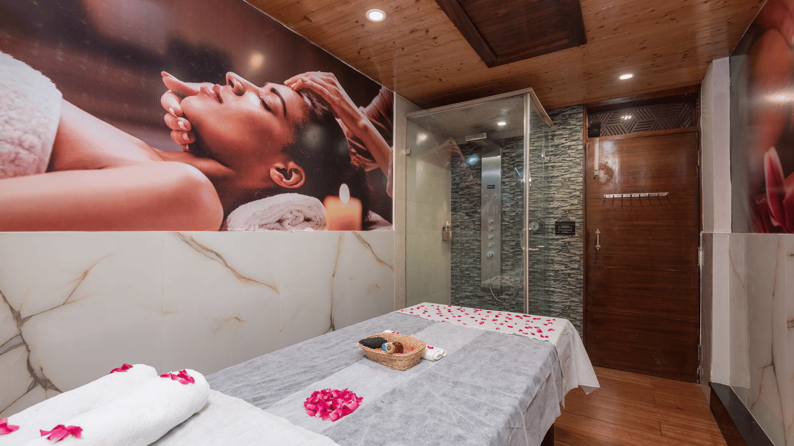 Massage bed with floral decoration at DLS Hotels On The Ganges.