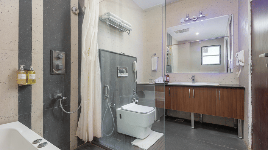 Accessible bathroom with shower, toilet, and grab bars at DLS Hotels On The Ganges.