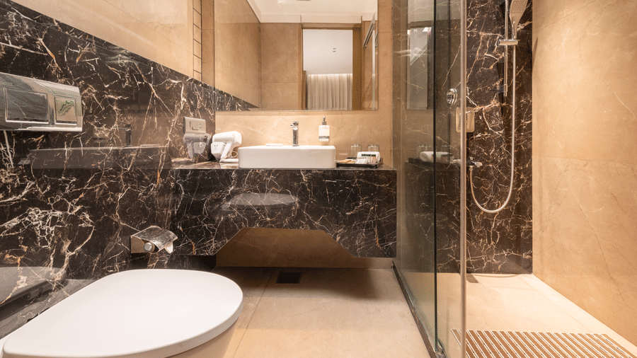A bathroom with a toilet, sink, mirror, and glass shower partition arranged indoors at DLS Hotels Amritsar.