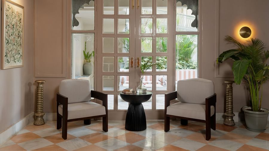Seating arrangements in the Reception area at Manuscript - Jhilwara Haveli, Udiapur