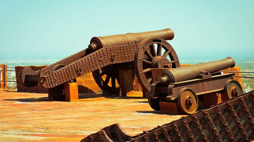 old cannons kept on an open area for display in a haveli in Rajasthan