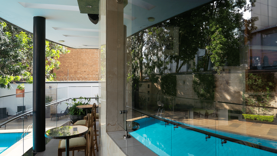 The sitting deck by the side of the swimming pool at The Zehneria, Nairobi.
