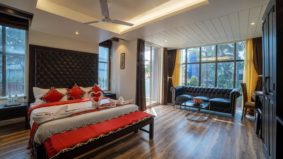 well lit bedroom with fan